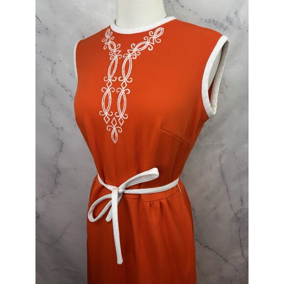Vintage 1960's Orange MOD Sleeveless Maxi Dress M Accent Belt Groove MCM Retro - Picture 14 of 16